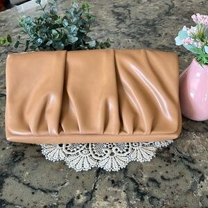 Express NWT Tan Vegan Faux Leather Ruched Clutch, Fold Over w/ Snap, Soft